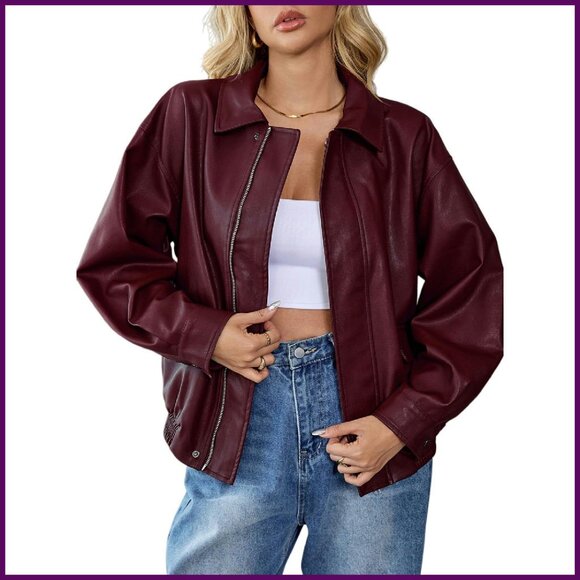 Oversized Faux Leather Bomber Jacket Zip Up Motorcycle Style